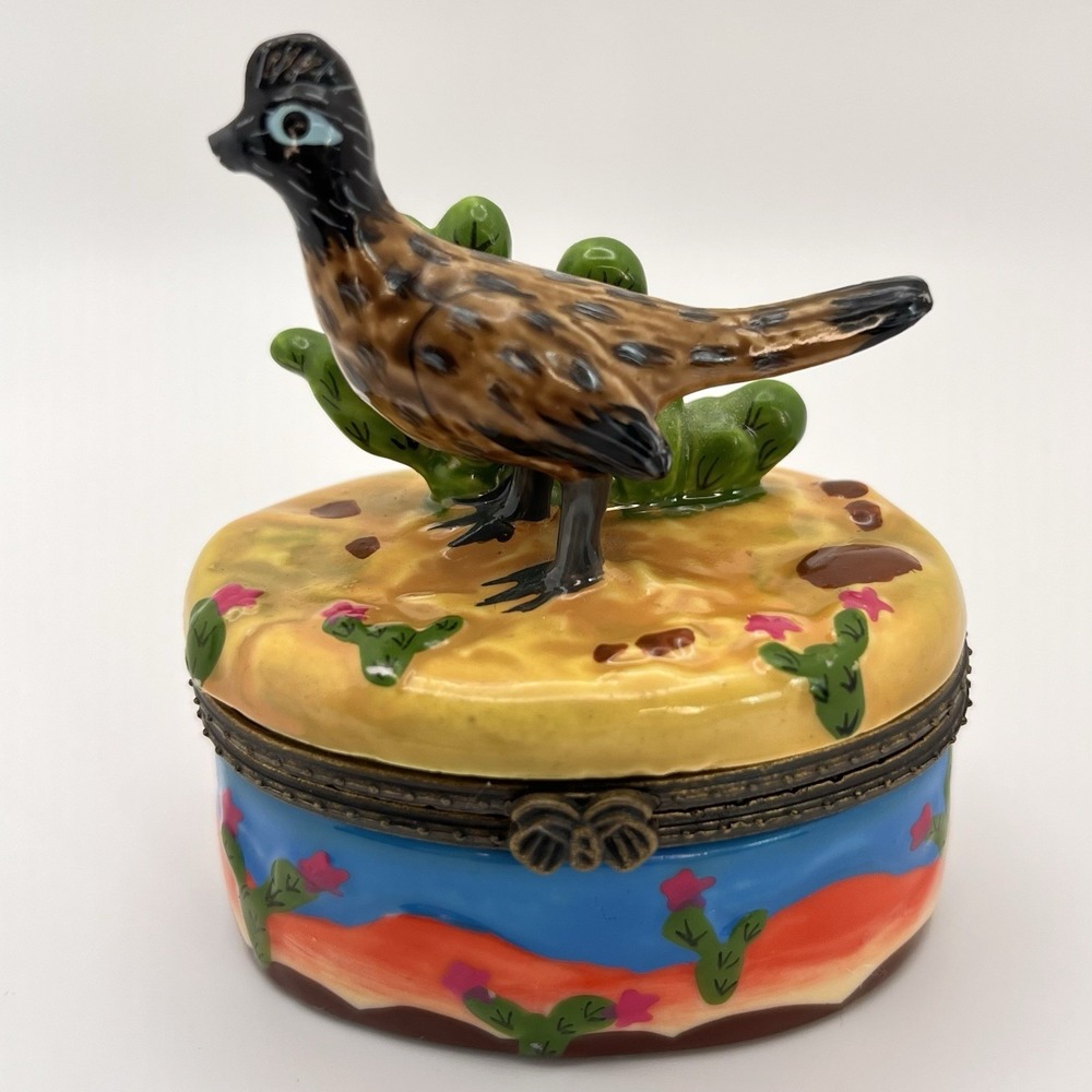 Southwestern Roadrunner Bird Ceramic Trinket Box Cactus Desert Keepsake READ